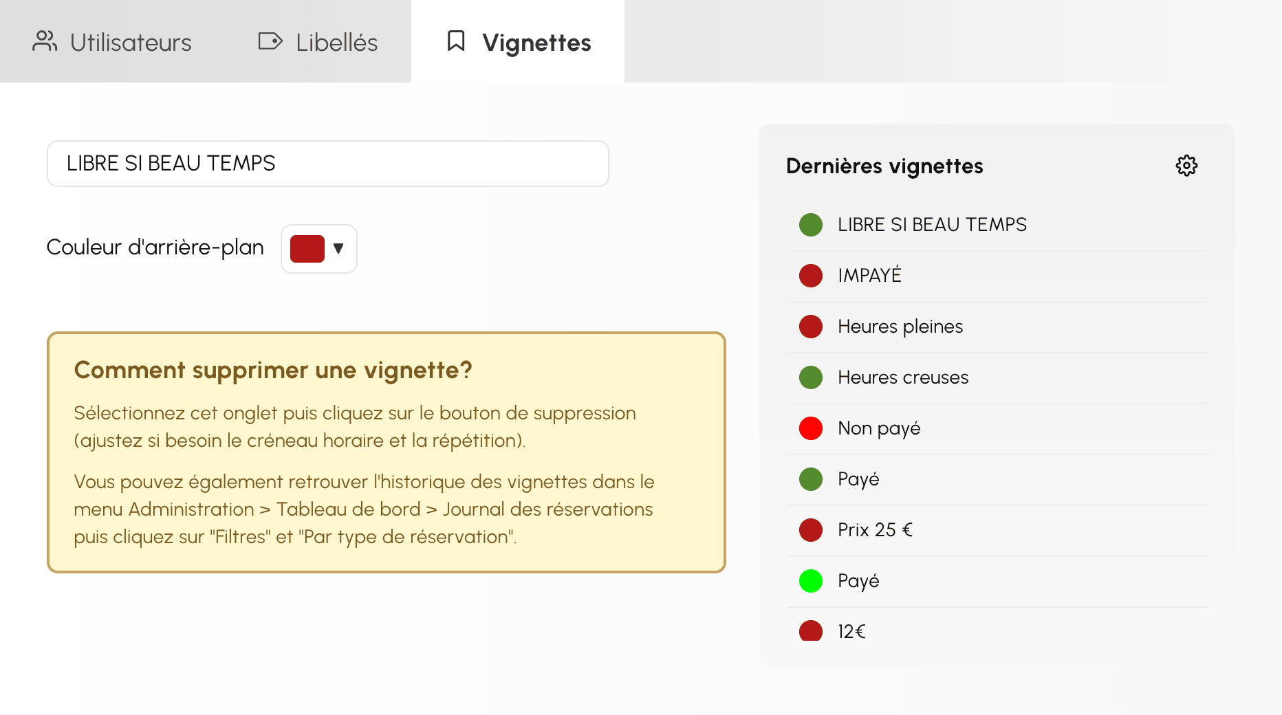Saisie d'une vignette dans le formulaire de réservation