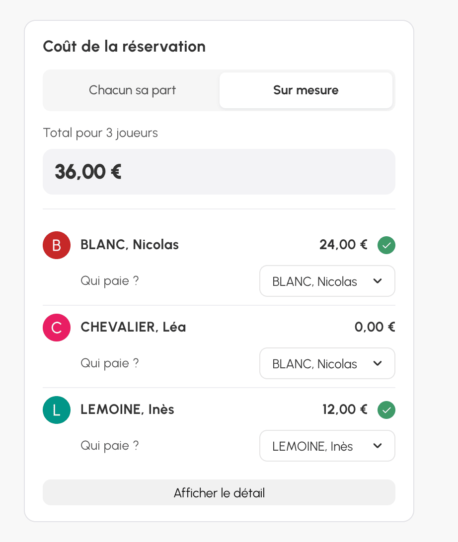 Coût de la réservation sur ordinateur, en mode Sur mesure : une liste Qui paie ? sous chaque joueur, Nicolas paie pour Léa