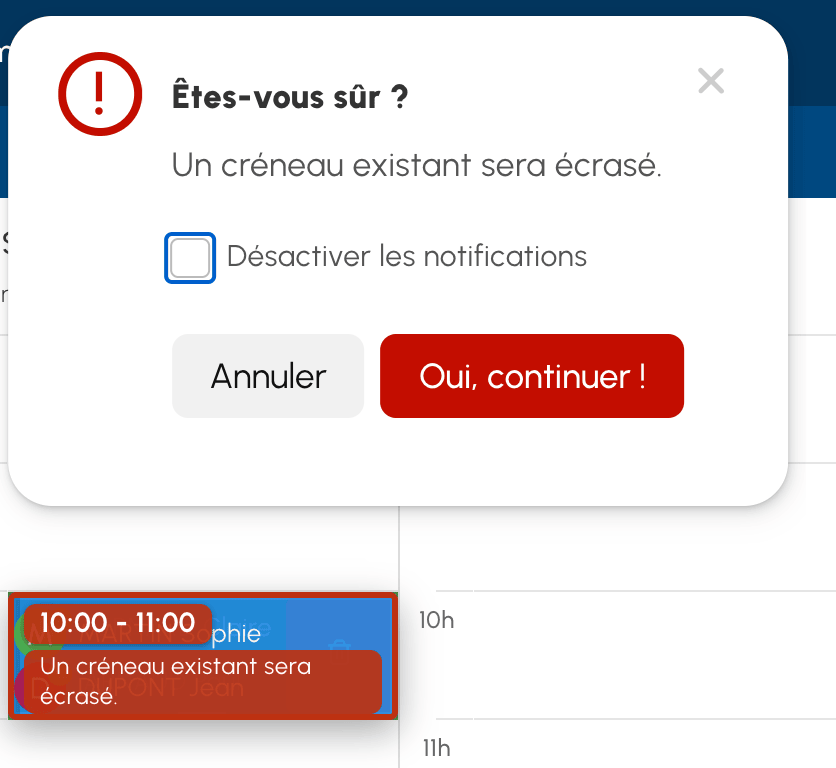 Confirmation avant d'écraser une réservation existante
