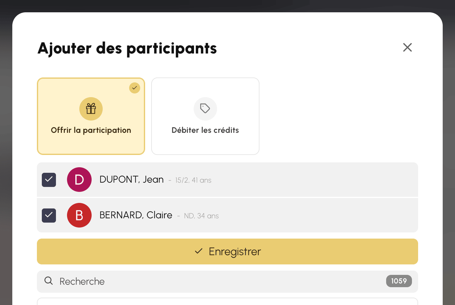 Le choix entre offrir la participation et débiter les crédits, à l'ajout de participants