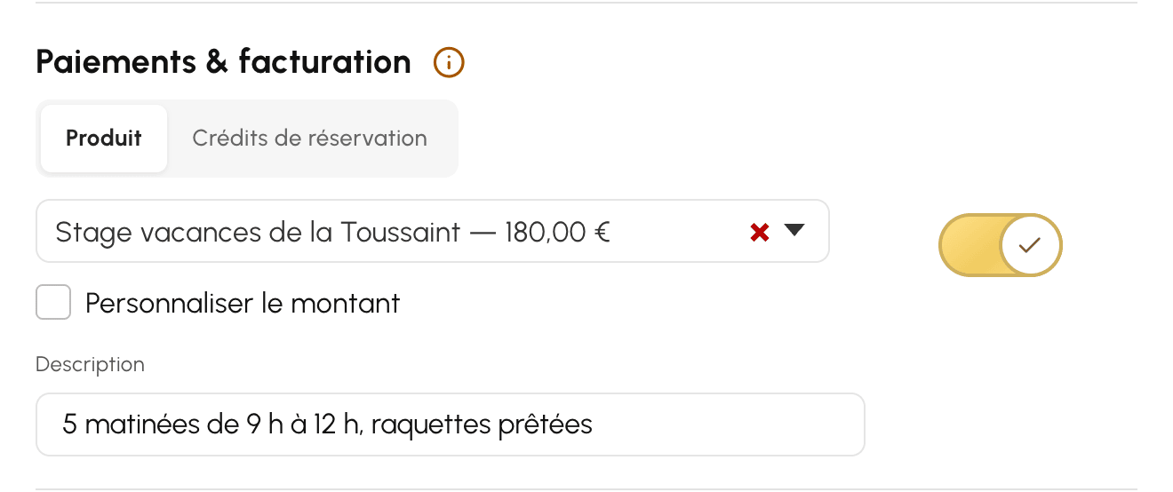 Le paiement par produit dans les réglages d'un créneau participatif