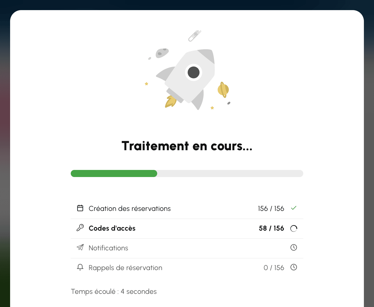 Suivi d'une réservation répétée : réservations créées, codes d'accès en cours