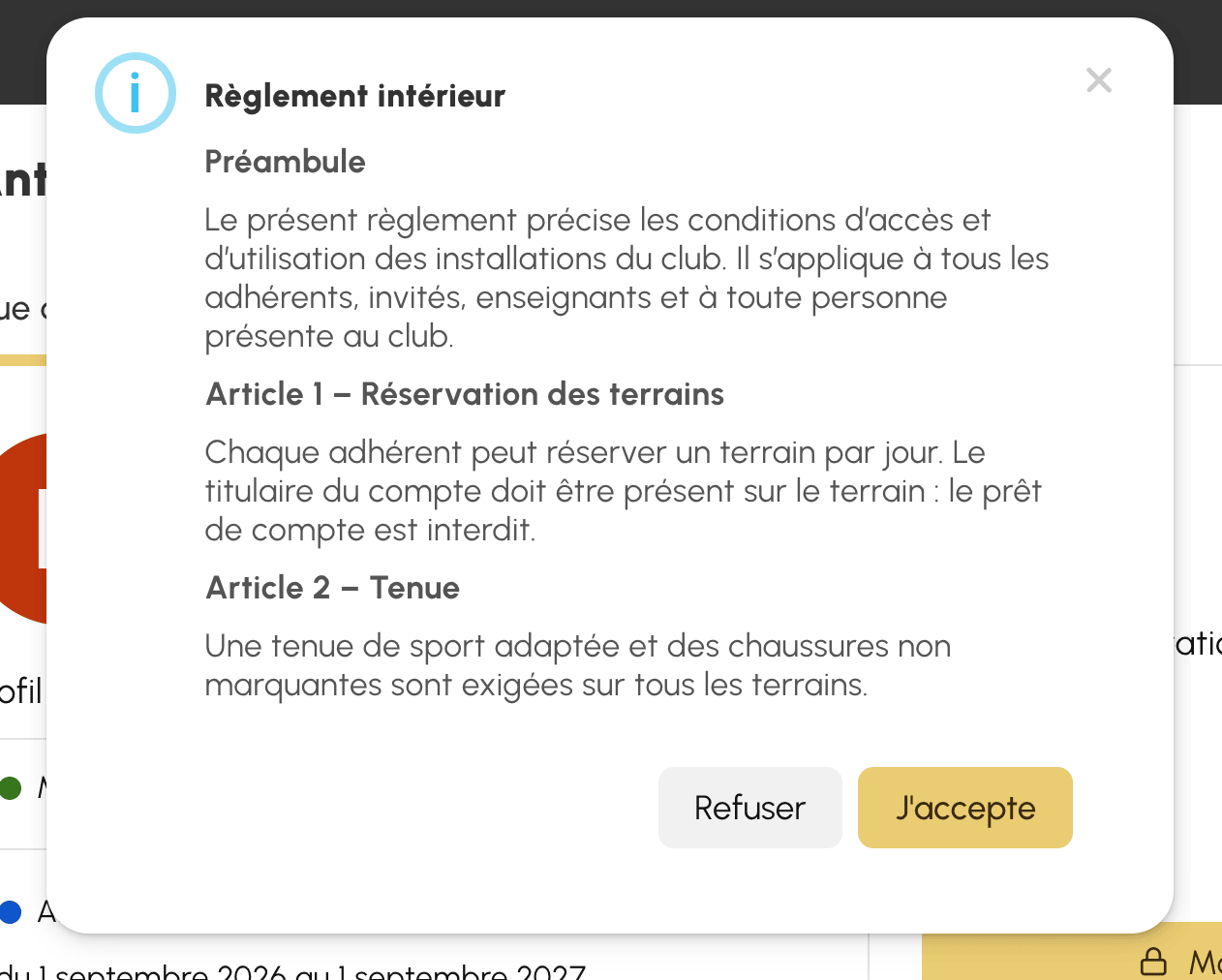 Règlement intérieur présenté à l'utilisateur, à accepter pour continuer