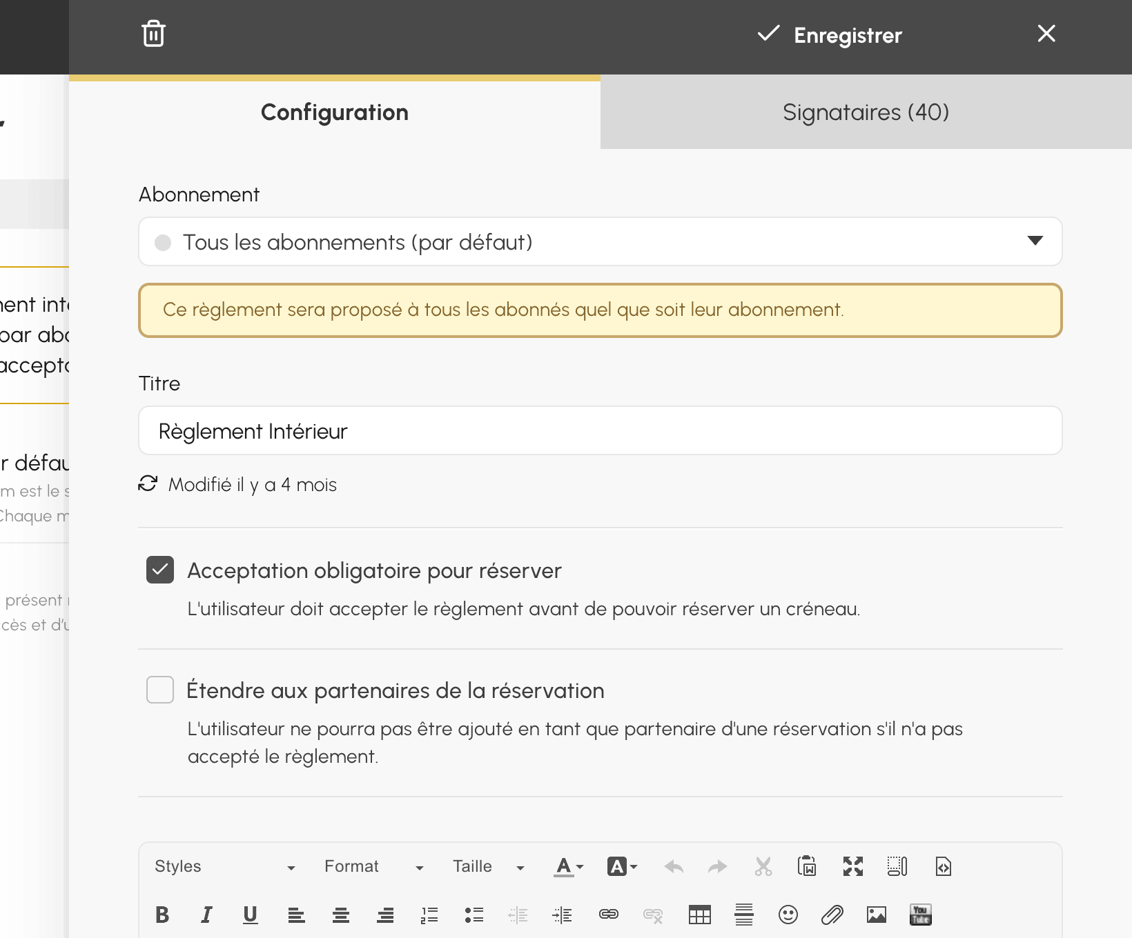 Formulaire de création d'un règlement intérieur