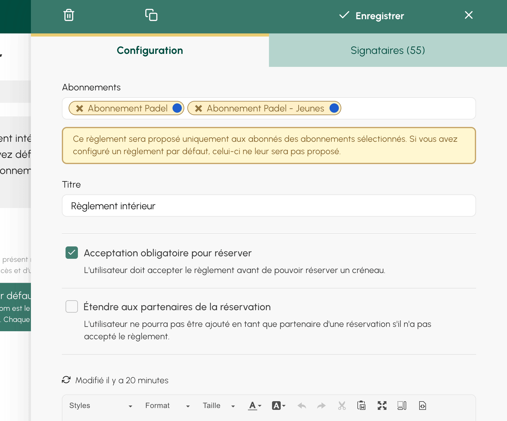 Formulaire de création d'un règlement intérieur