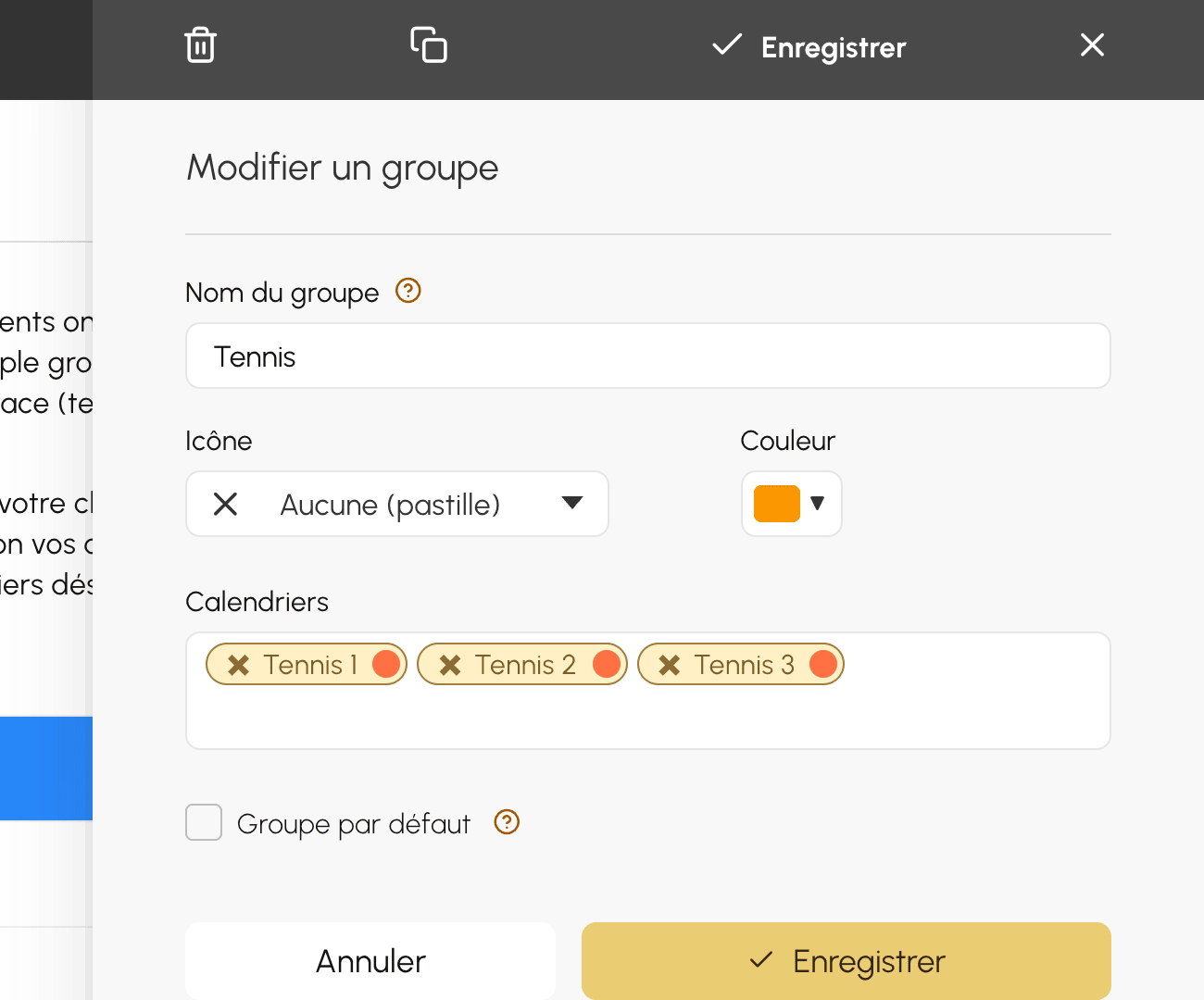 Formulaire d'un groupe de calendriers : nom, icône, couleur et calendriers rattachés