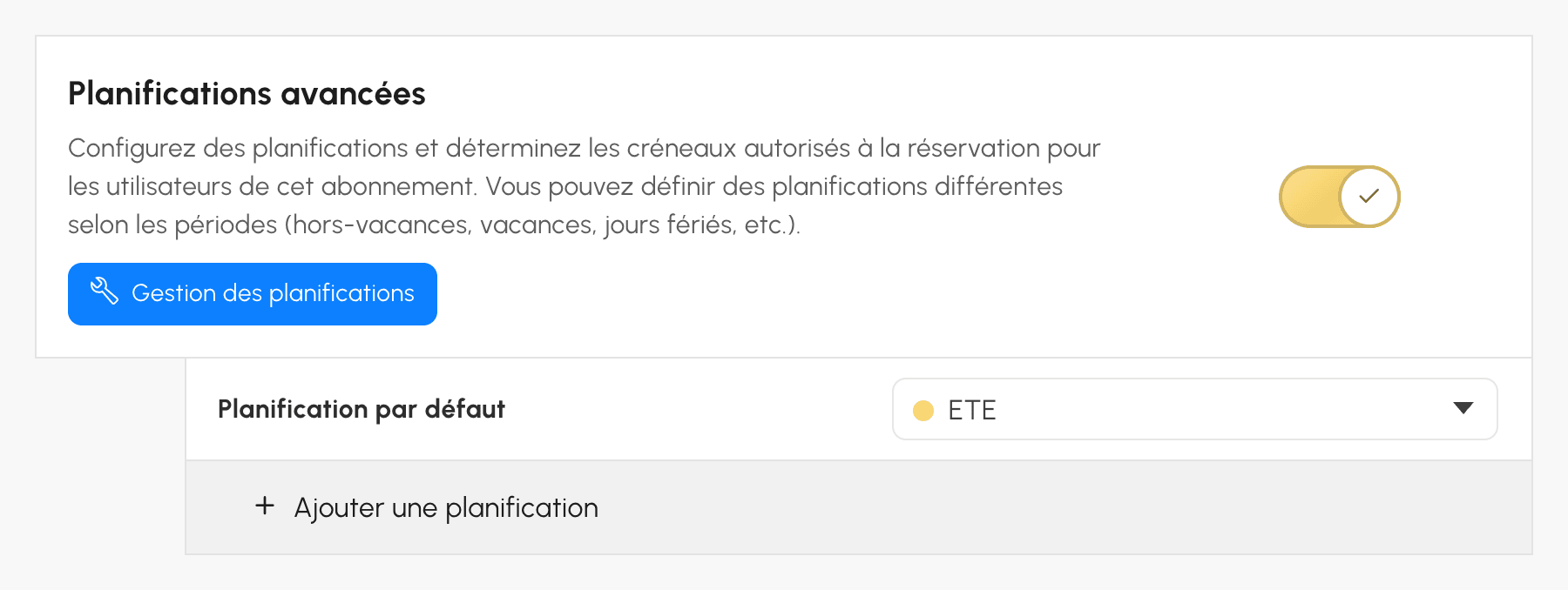 Planifications avancées dans l'onglet Autorisations d'un abonnement
