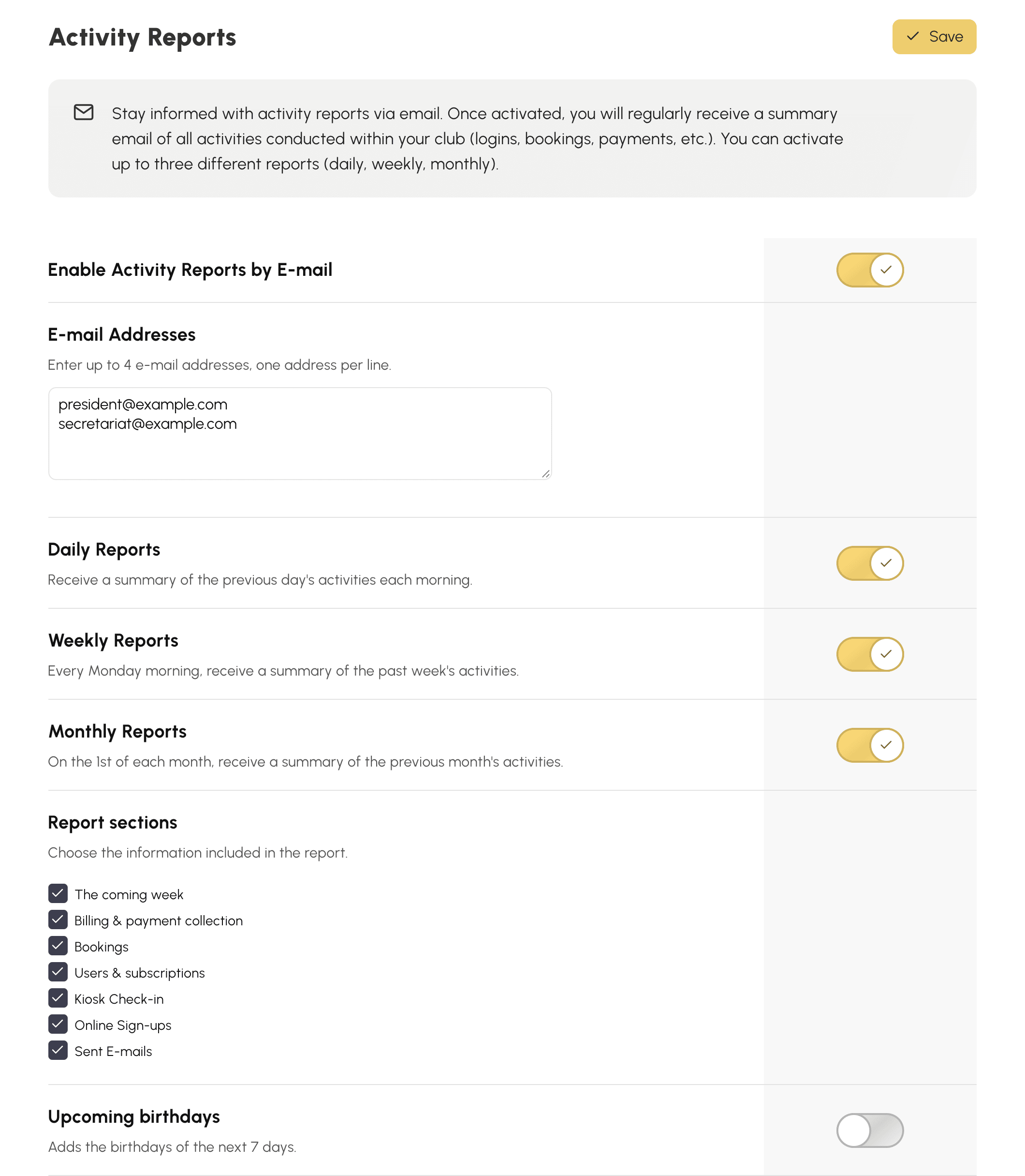 Activity report settings: recipients and frequencies
