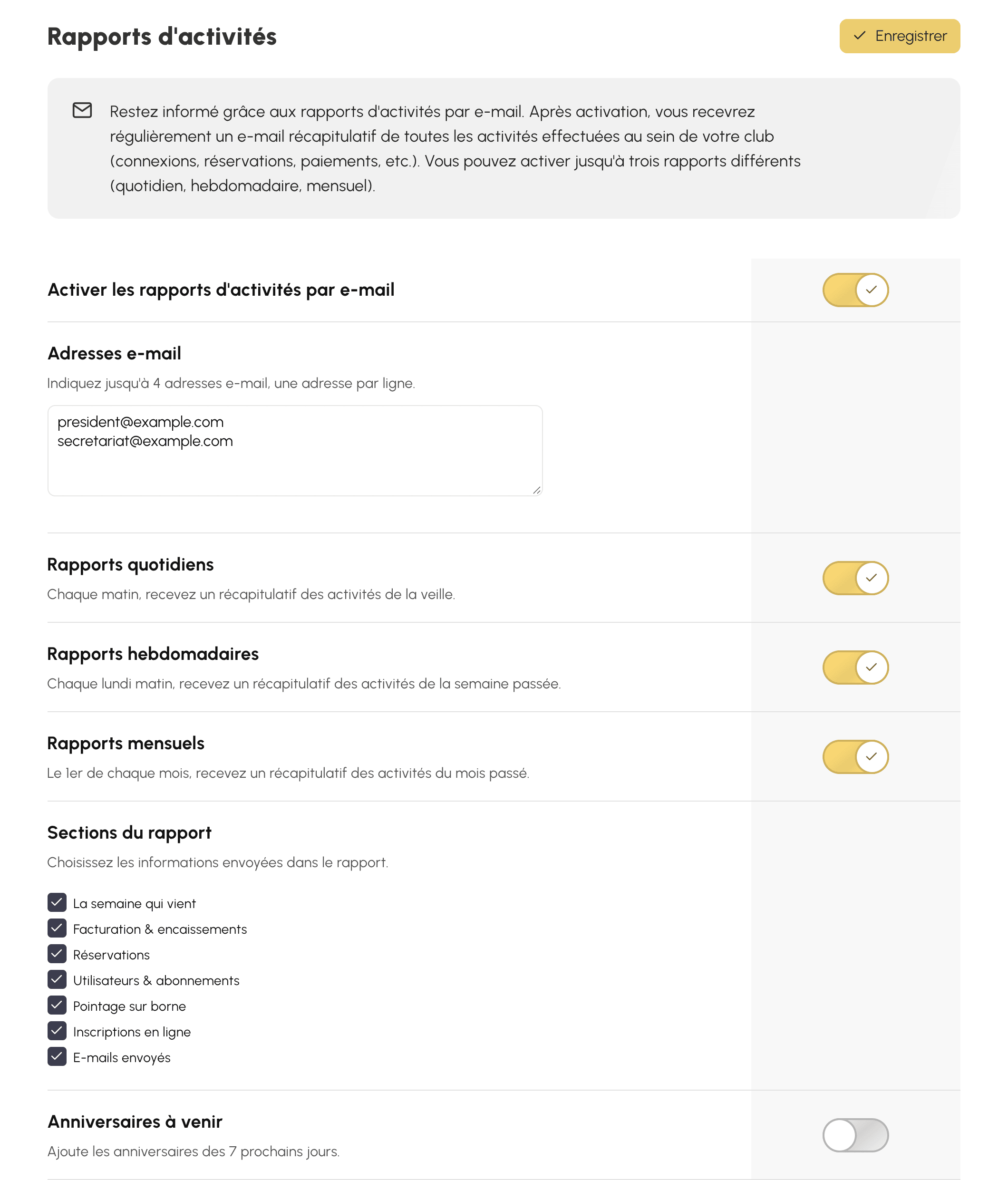 Réglages des rapports d'activités : destinataires et fréquences