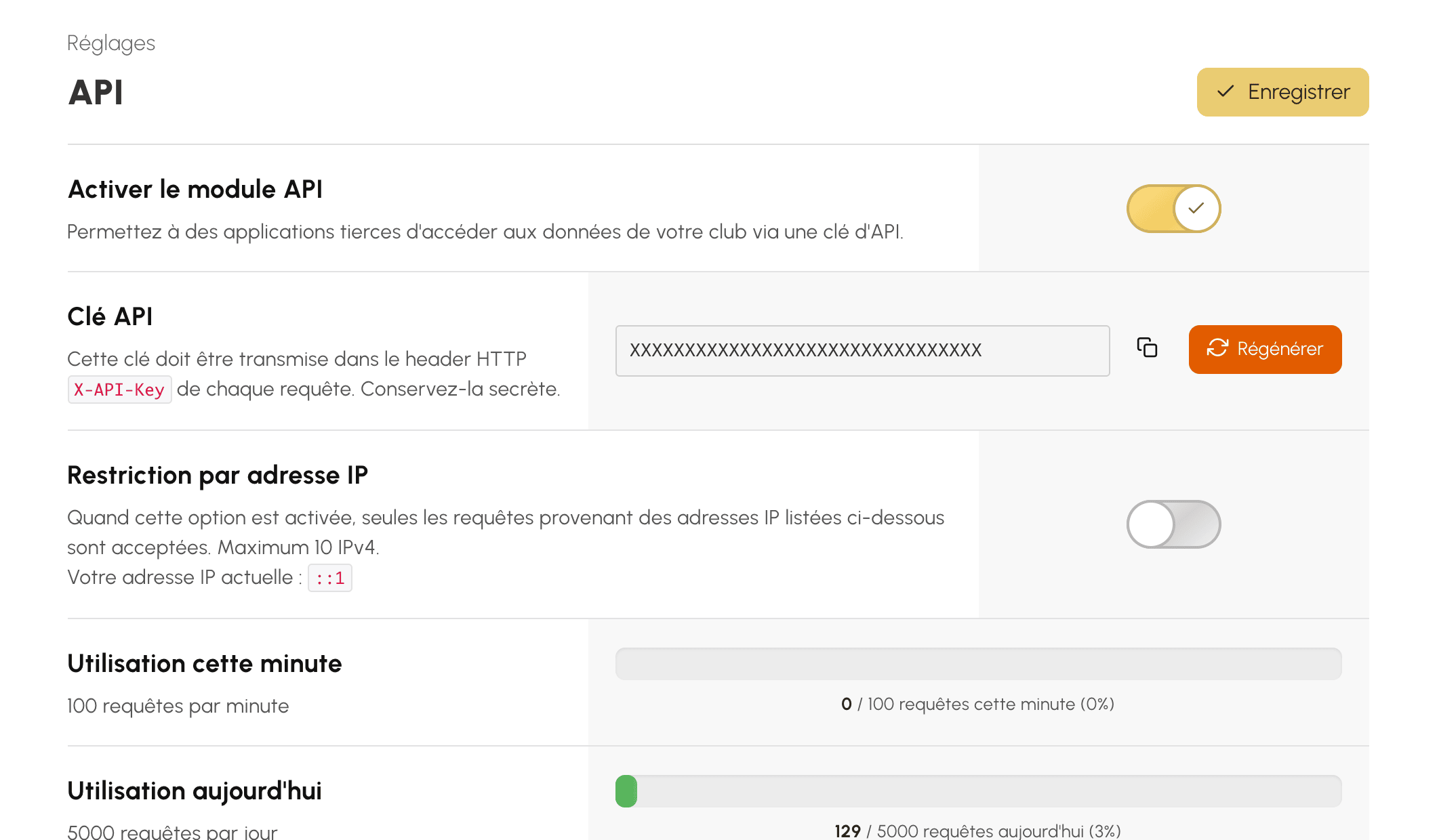 Clé API et options de sécurité