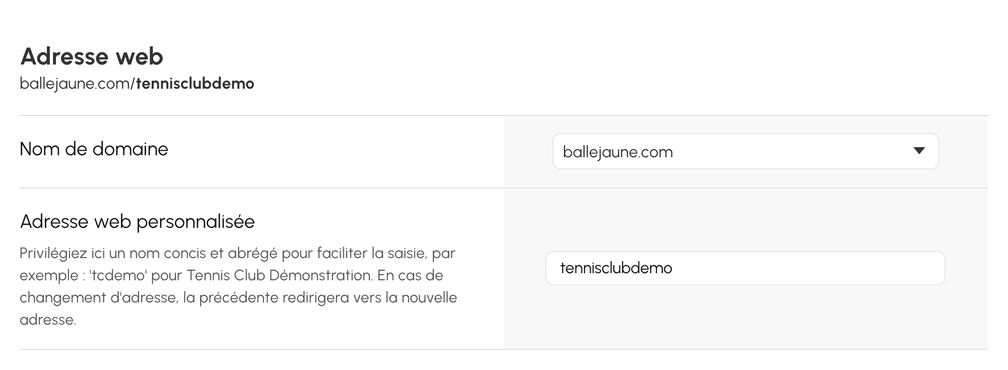 Adresse web personnalisée de l'organisation