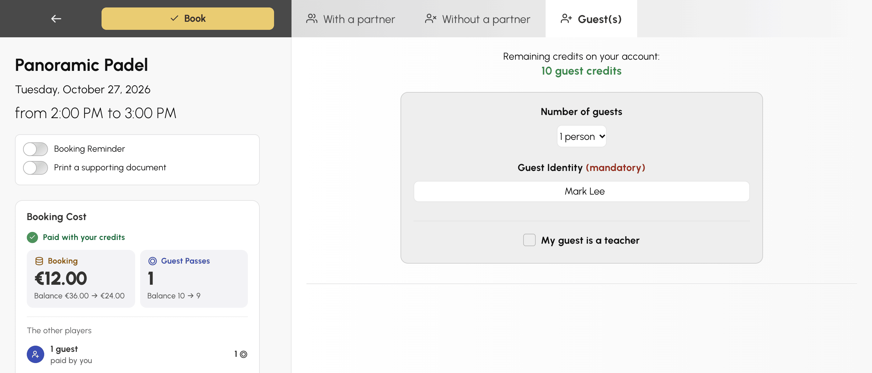 Guests tab of the booking form, as seen by the user