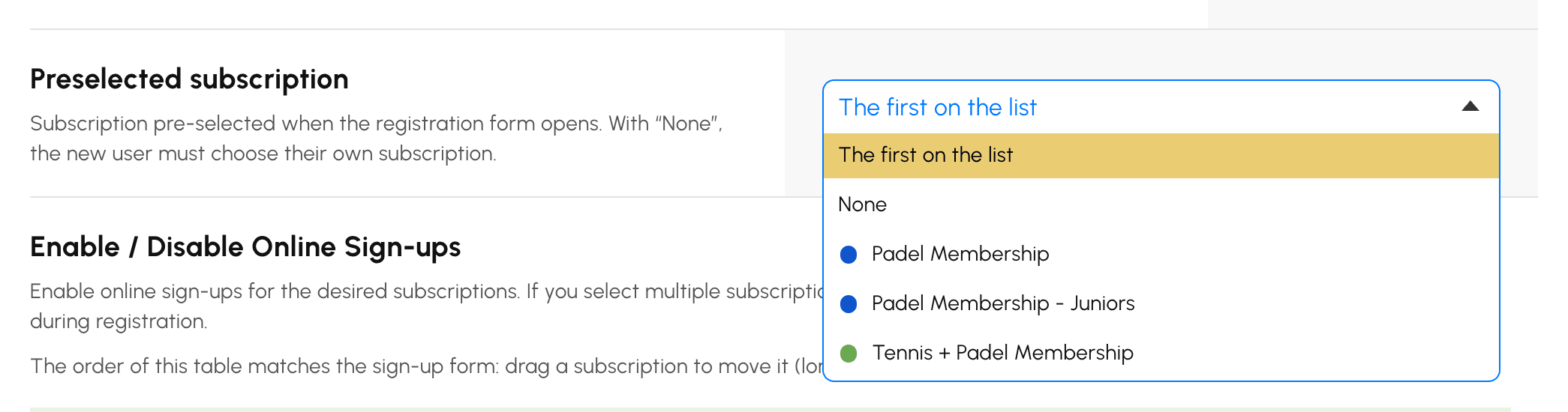 Choosing the subscription selected by default on the registration form