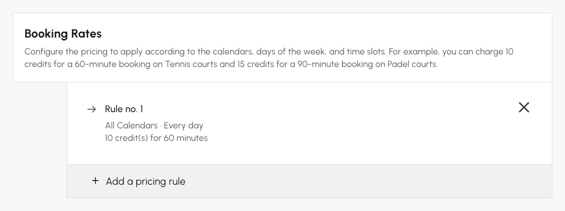 Booking prices in credits: one rule per duration, calendar, day and time range