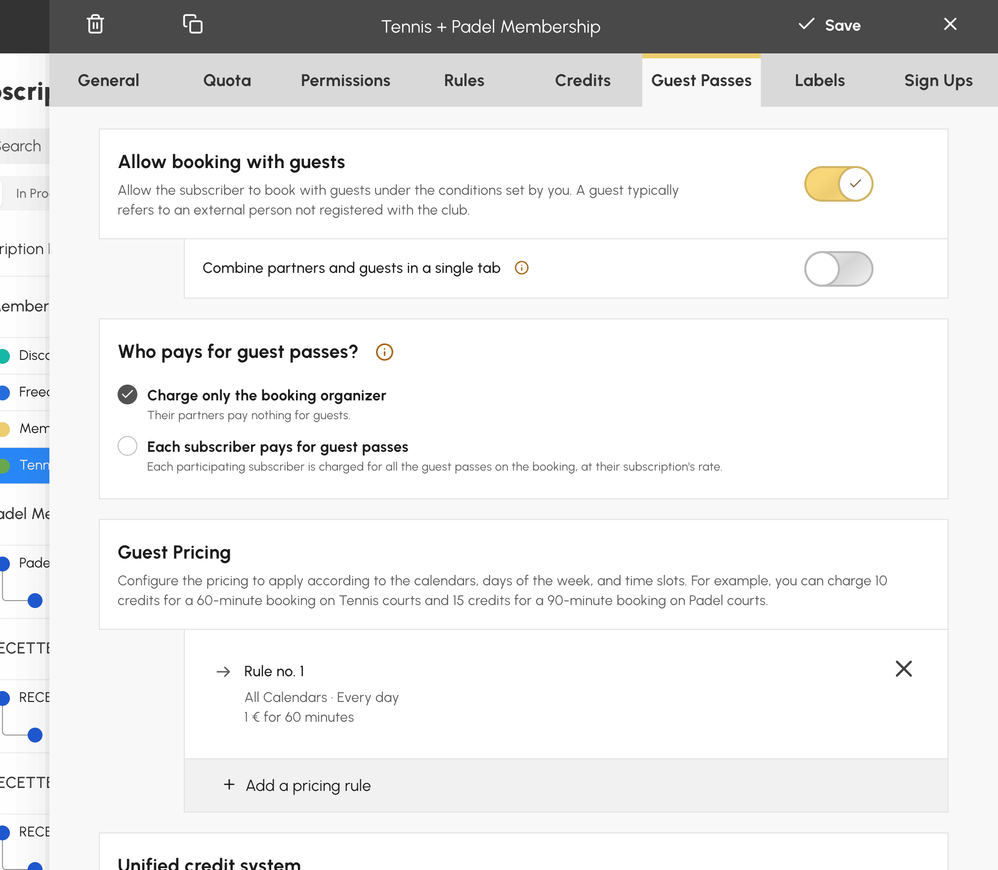 Subscription guest pass settings: free credits, charging and prices