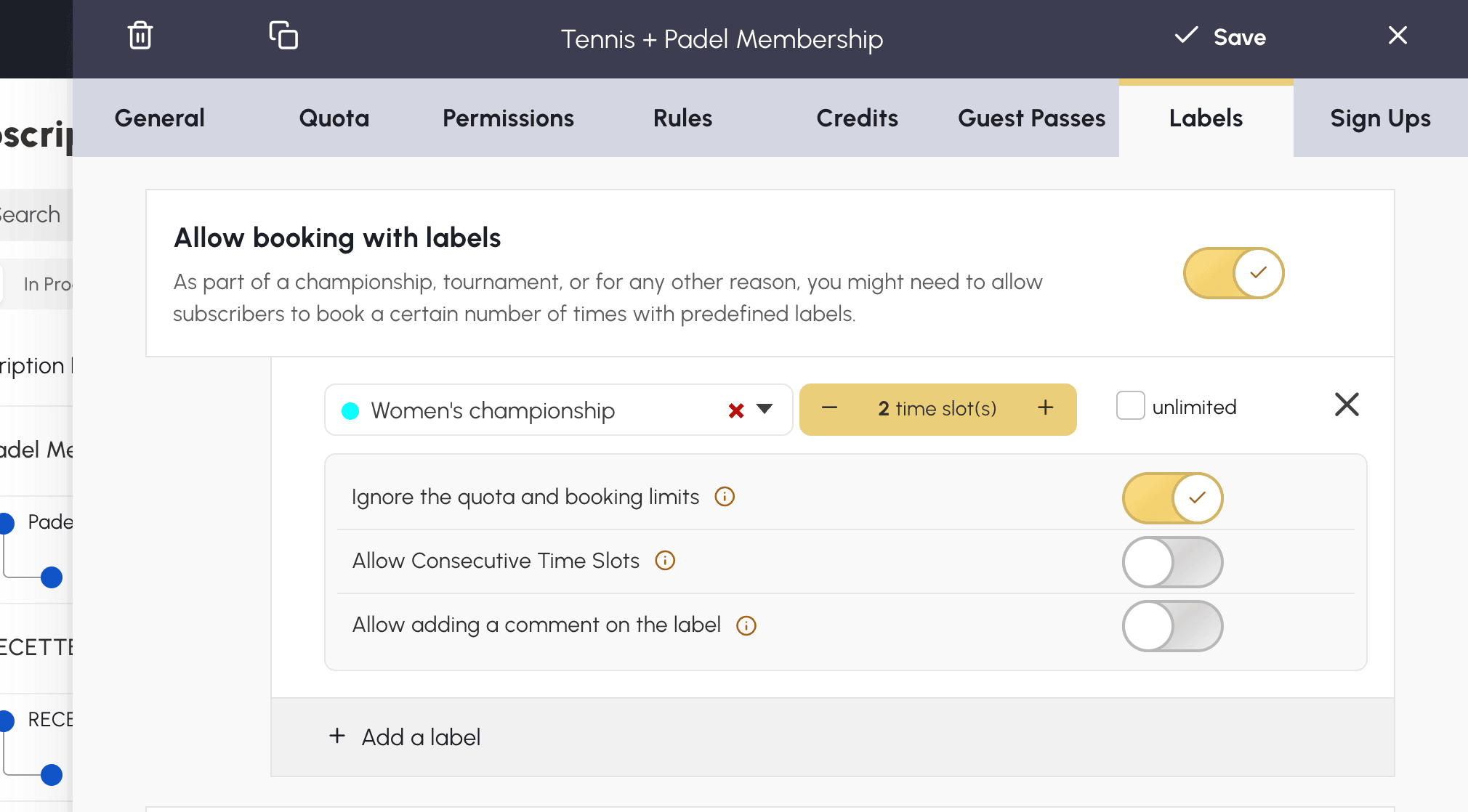 Booking with labels allowed on a subscription, with a number of time slots