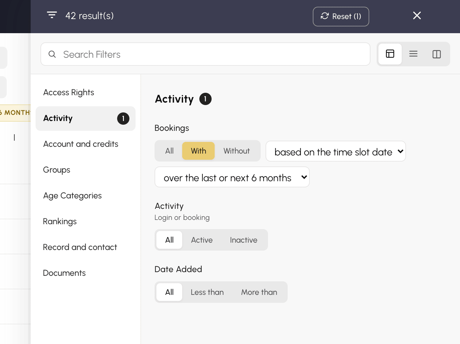 Activity section: bookings over the last 6 months, based on the time slot date