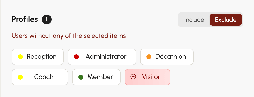 Profile list in Exclude mode: the ticked item is removed from the result
