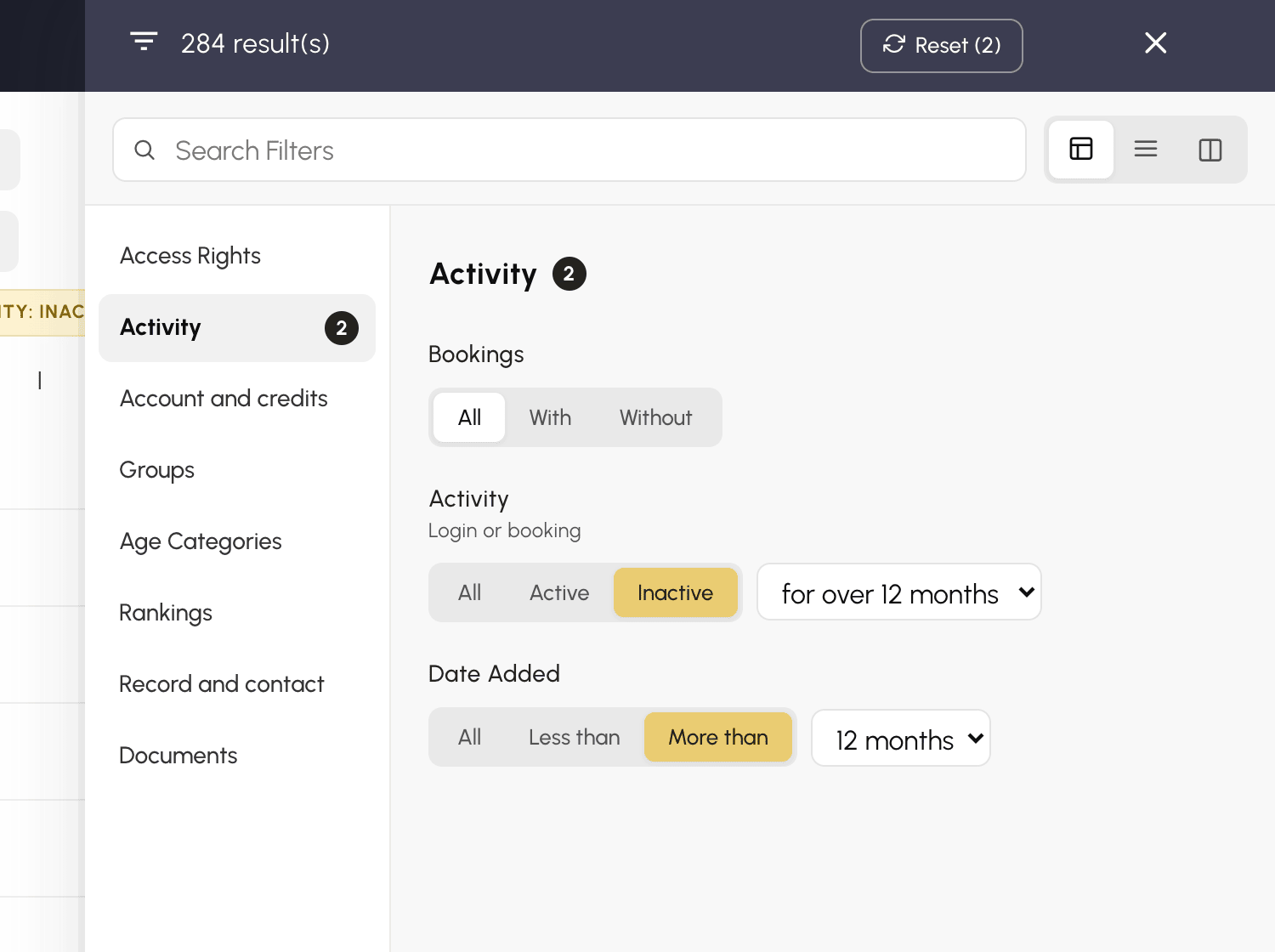 Filters panel: users added more than 12 months ago and inactive for more than 12 months