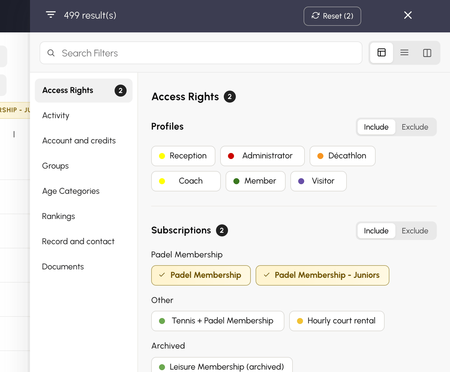 Filter panel, section layout: contents list on the left, Access Rights section on the right