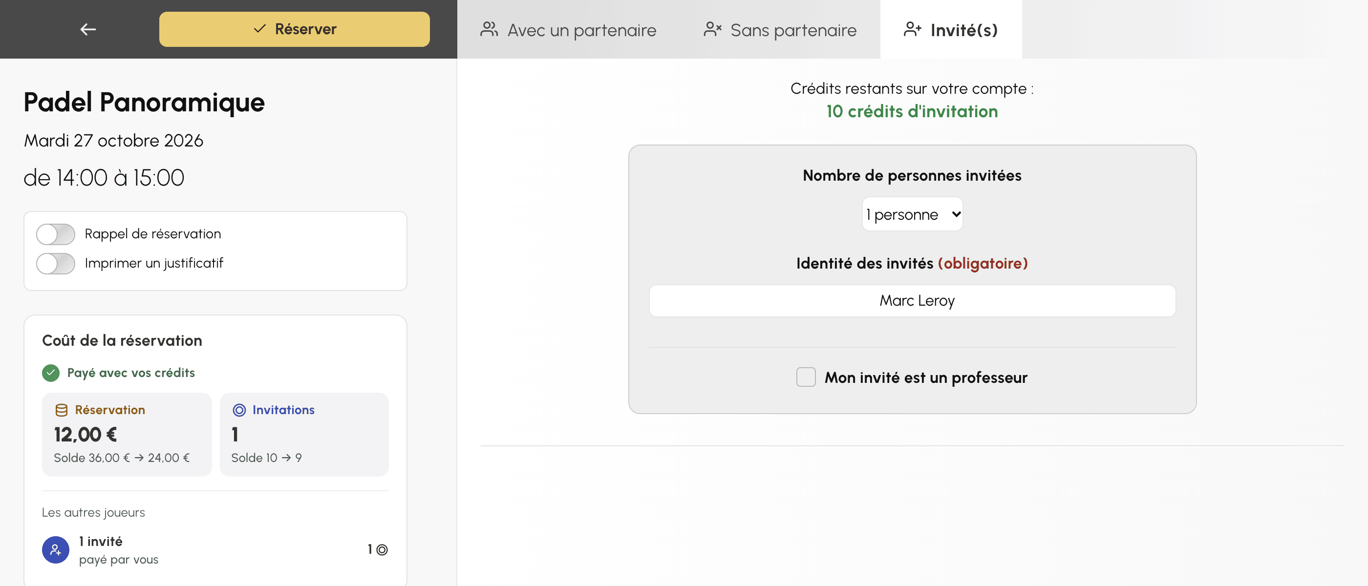 Onglet des invités du formulaire de réservation, vu par l'utilisateur