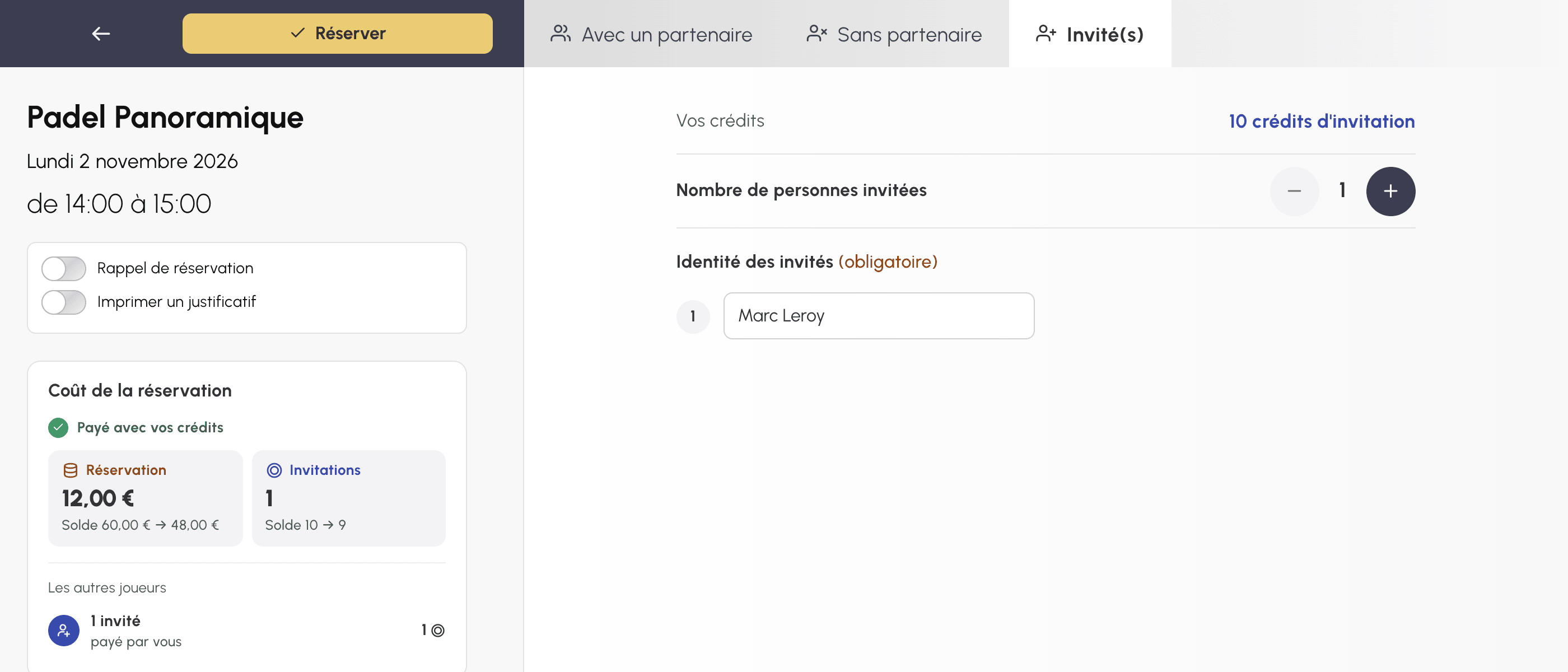 Onglet des invités du formulaire de réservation, vu par l'utilisateur