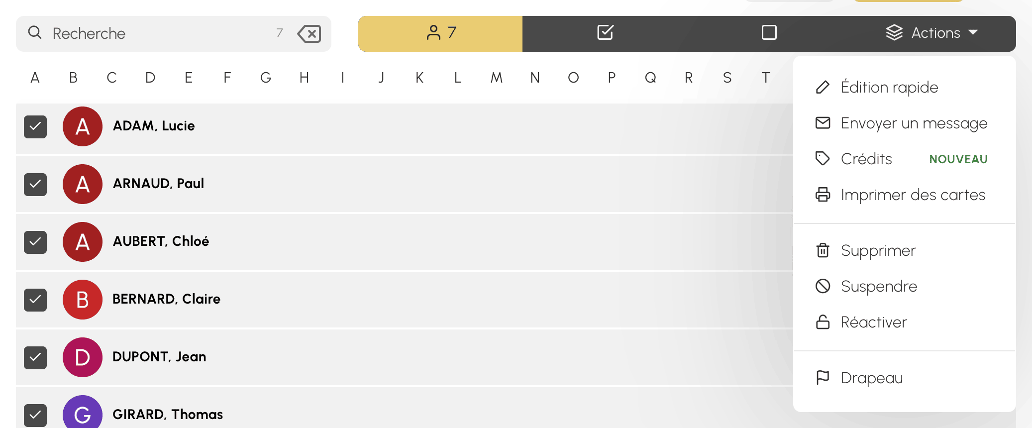 Menu des actions groupées