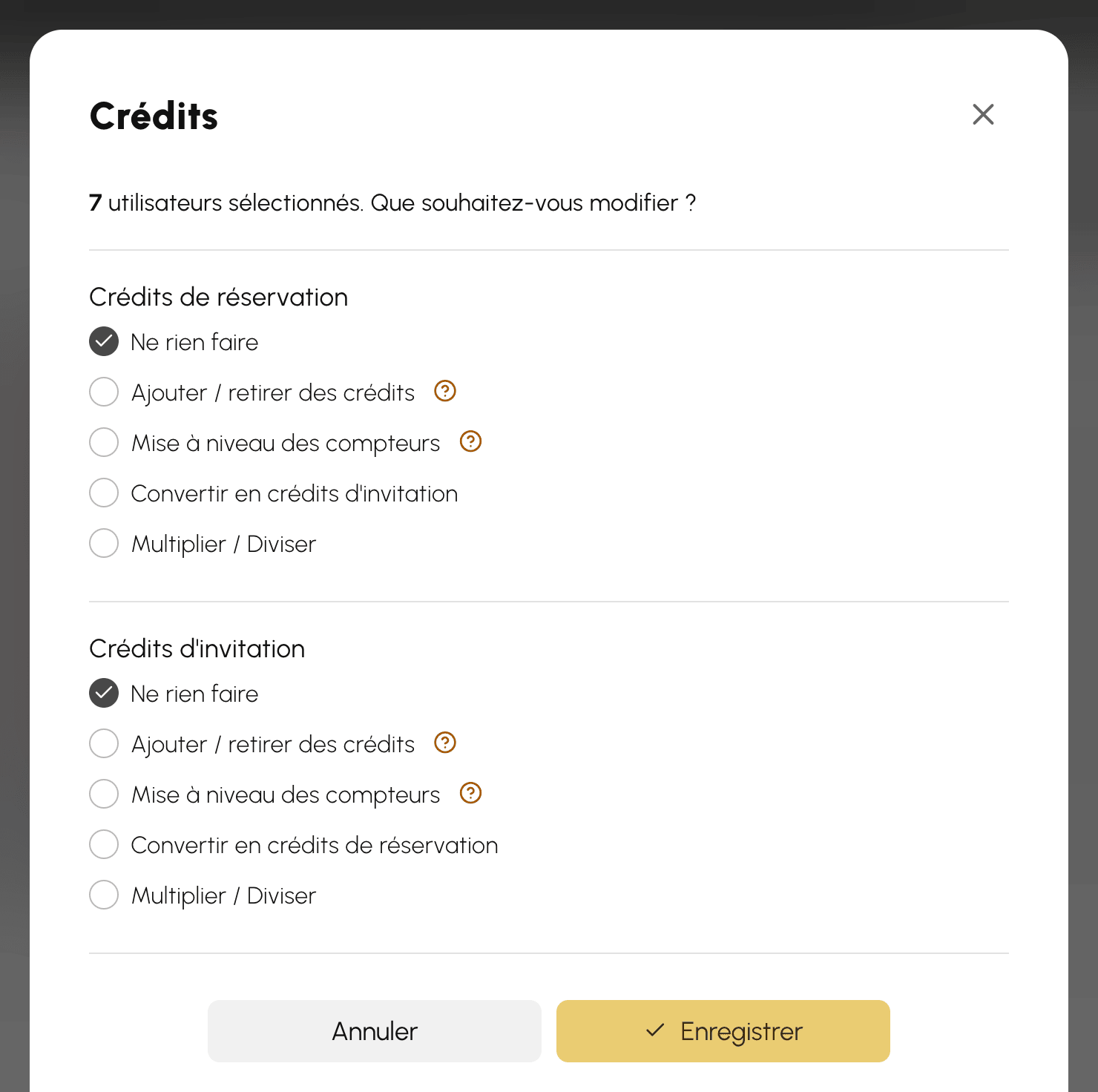 Ajustement des crédits en masse : crédits de réservation et crédits d'invitation traités séparément