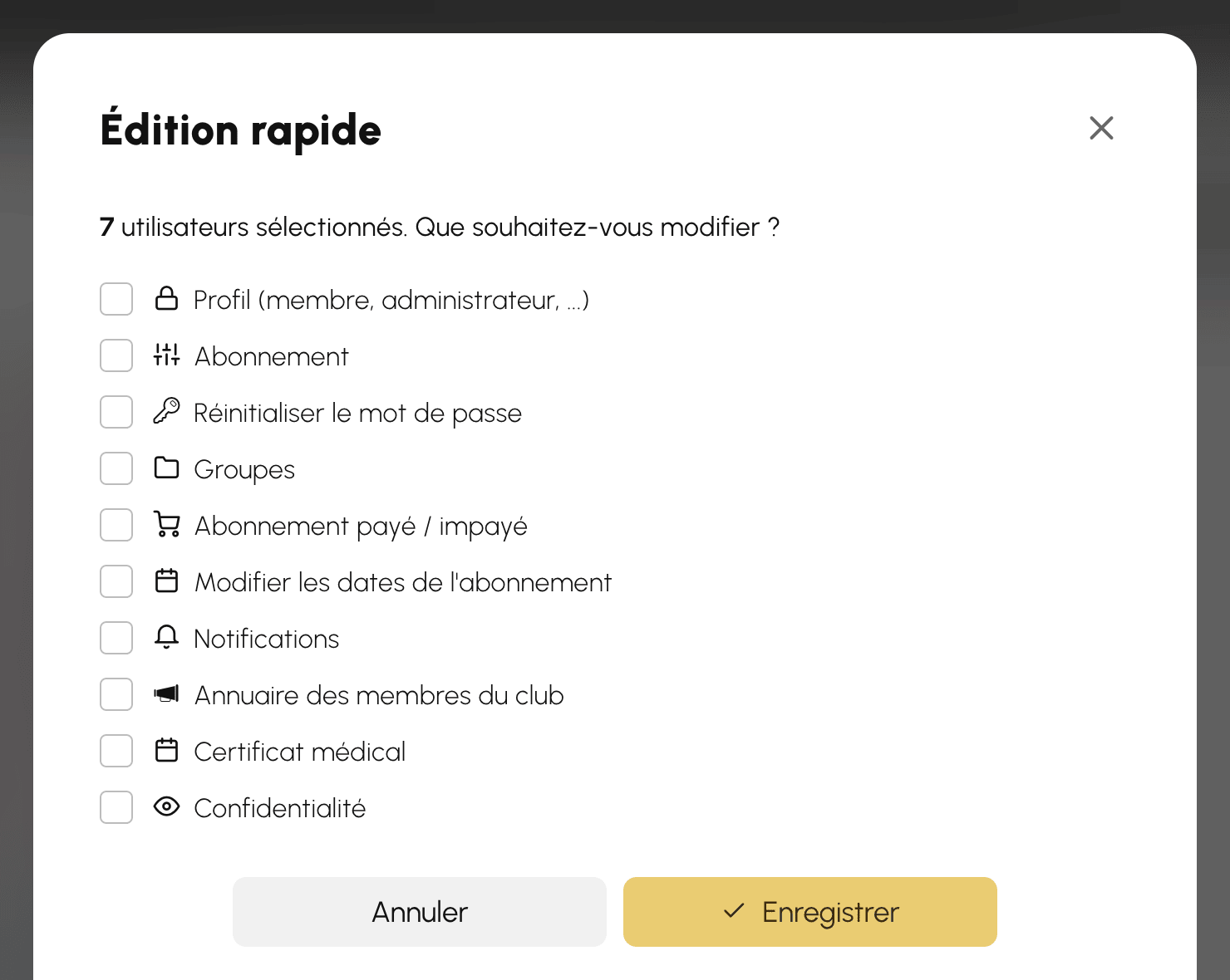 Édition rapide : choix des informations à modifier pour toute la sélection