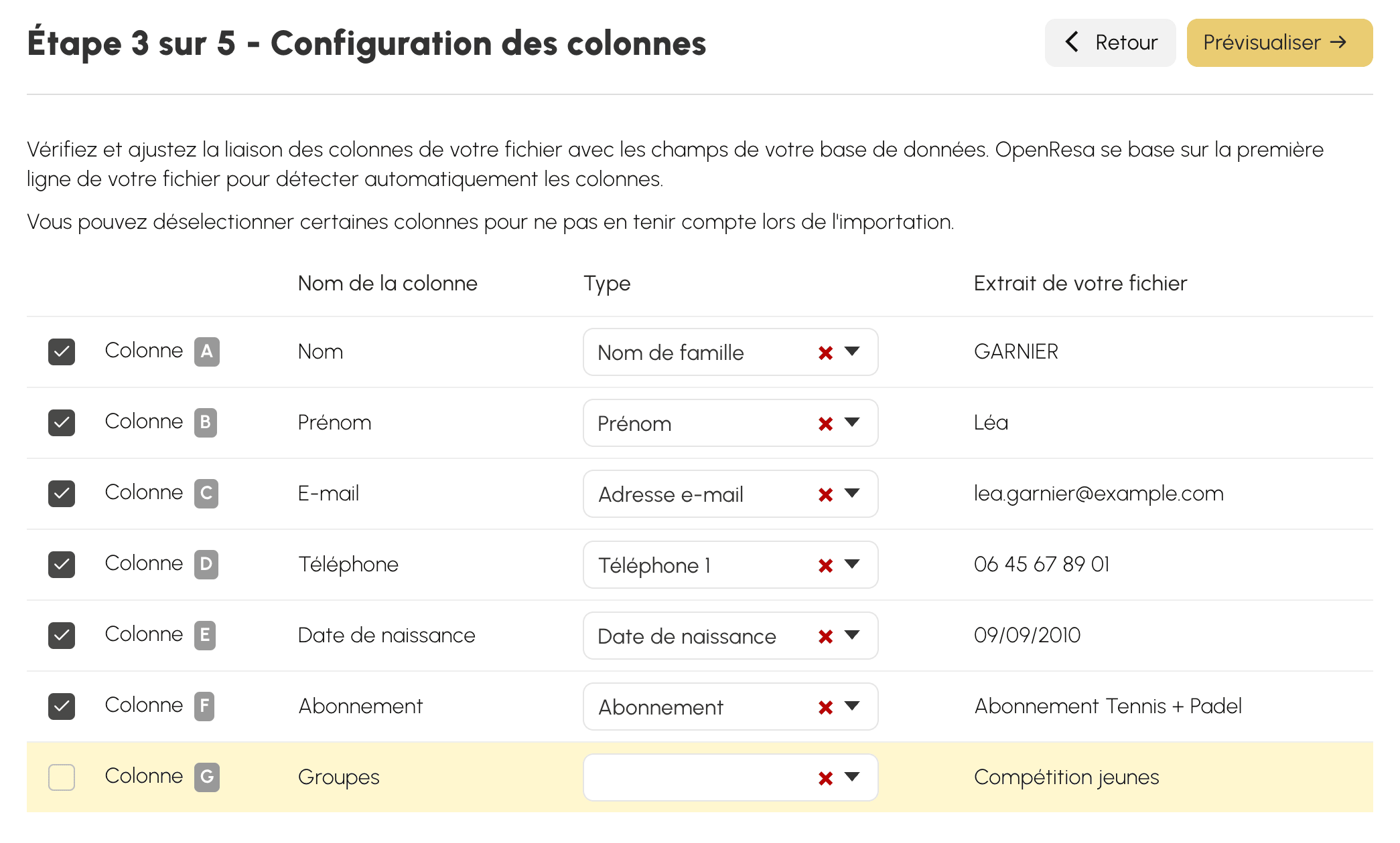 Correspondance des colonnes lors de l'import