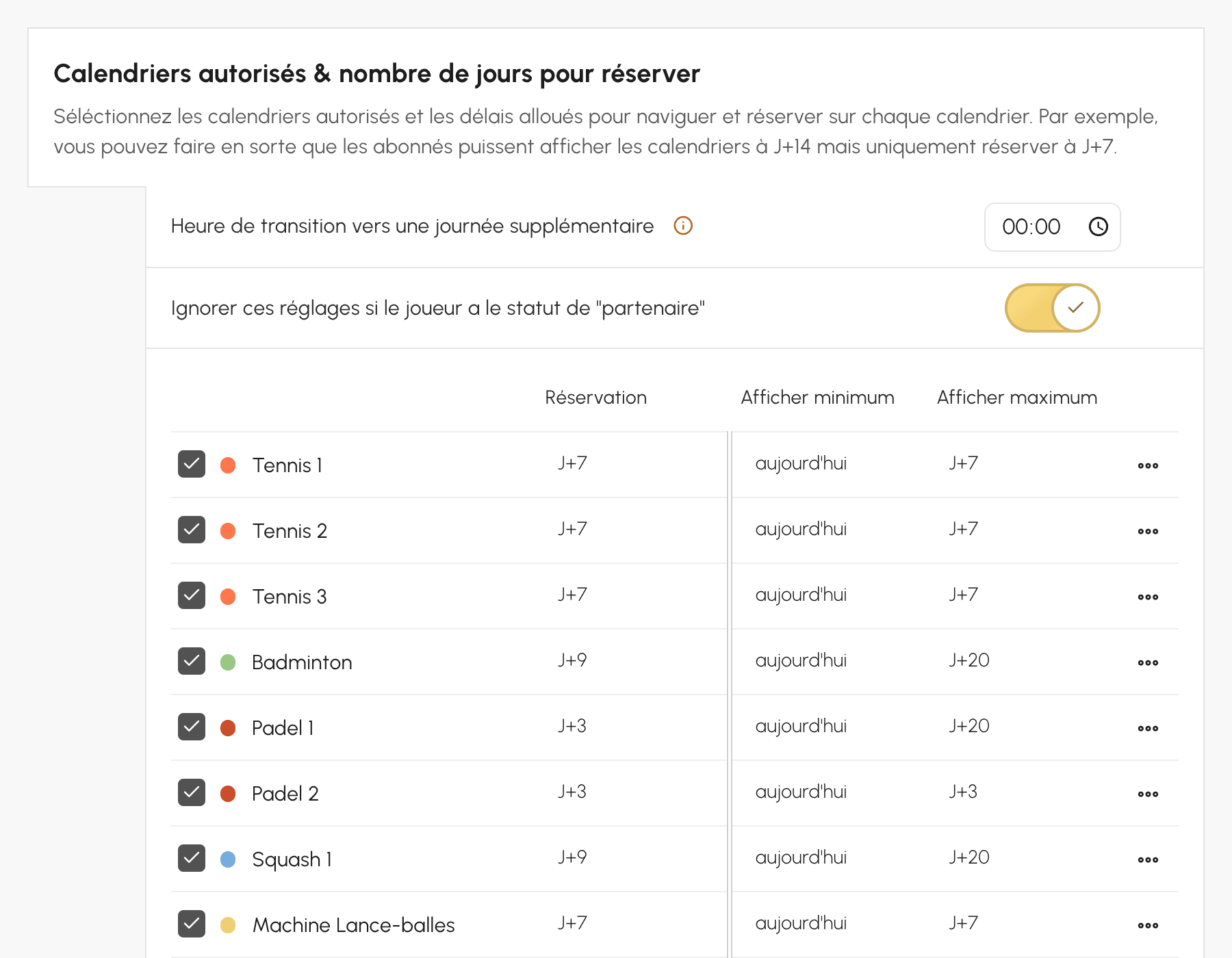 Calendriers autorisés et nombre de jours pour réserver, calendrier par calendrier