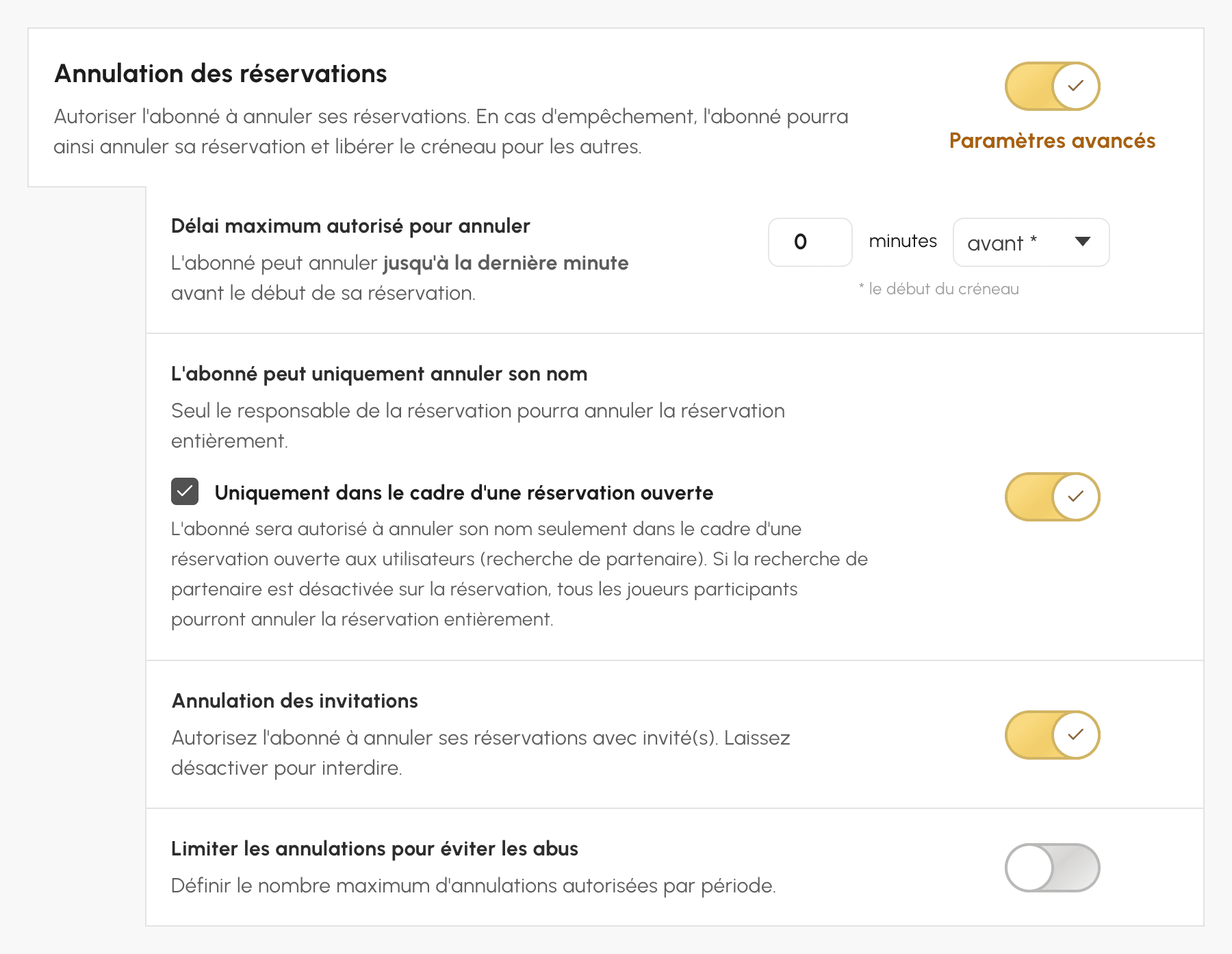 Paramètres avancés de l'annulation des réservations