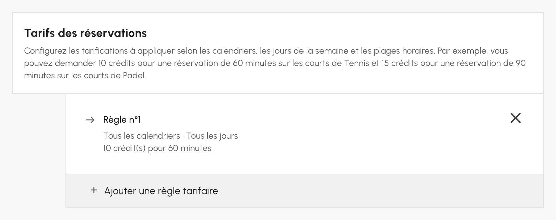 Tarifs des réservations en crédits : une règle par durée, calendrier, jour et plage horaire