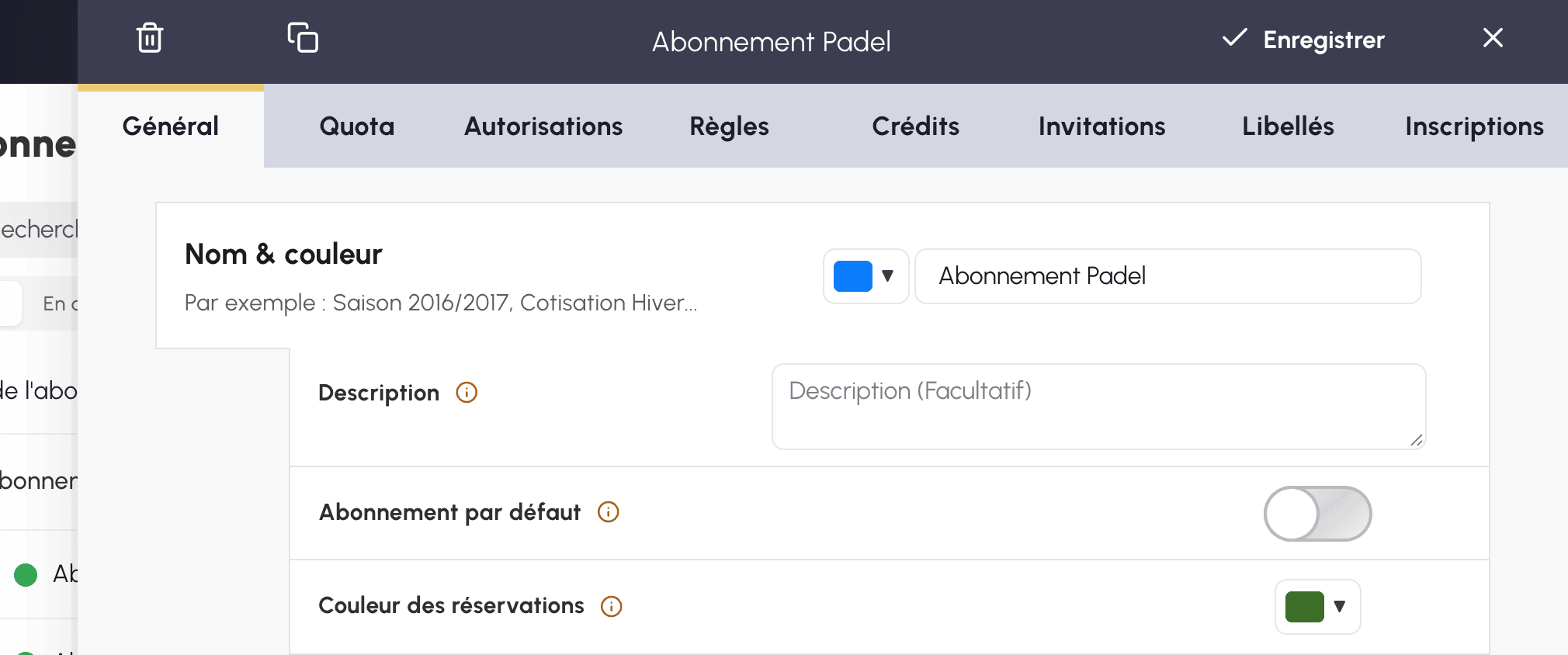 Formulaire d'un abonnement et ses onglets