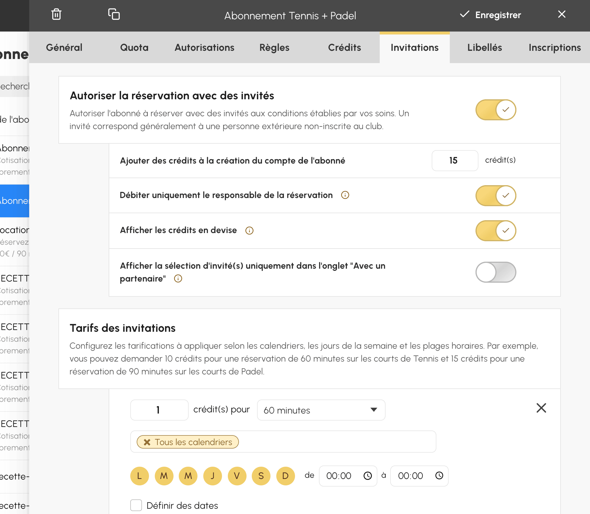 Réglages des invitations d'un abonnement : crédits offerts, débit et tarifs