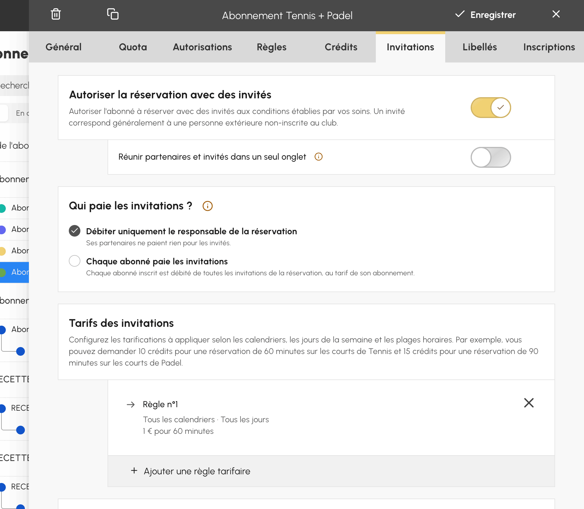 Réglages des invitations d'un abonnement : crédits offerts, débit et tarifs