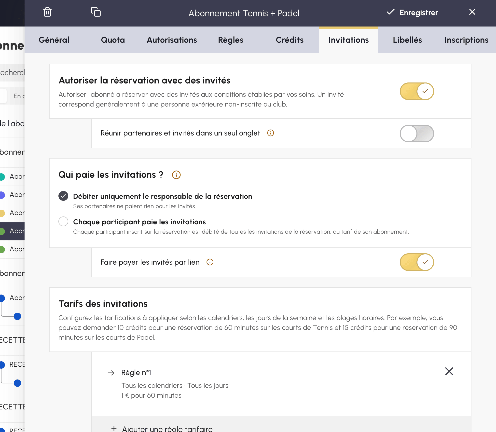 Réglages des invitations d'un abonnement : crédits offerts, débit et tarifs