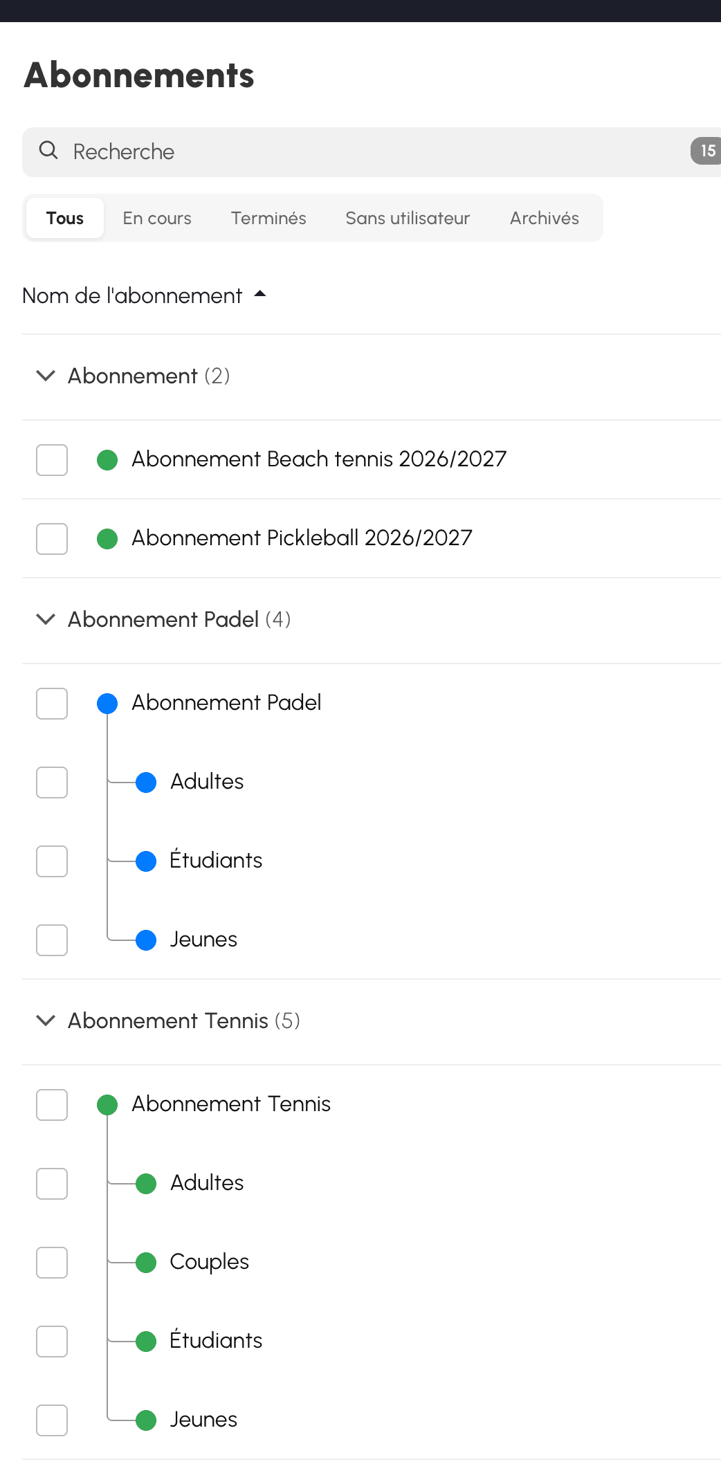 Liste des abonnements regroupés automatiquement par offre et saison