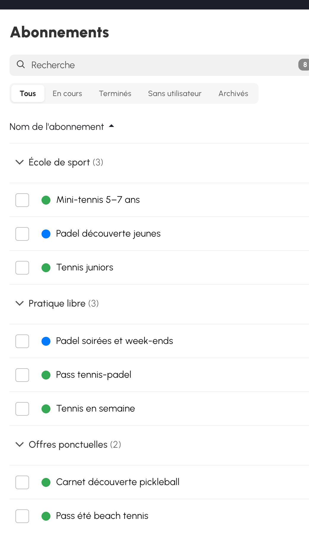 Classement manuel des formules dans les groupes École de sport, Pratique libre et Offres ponctuelles
