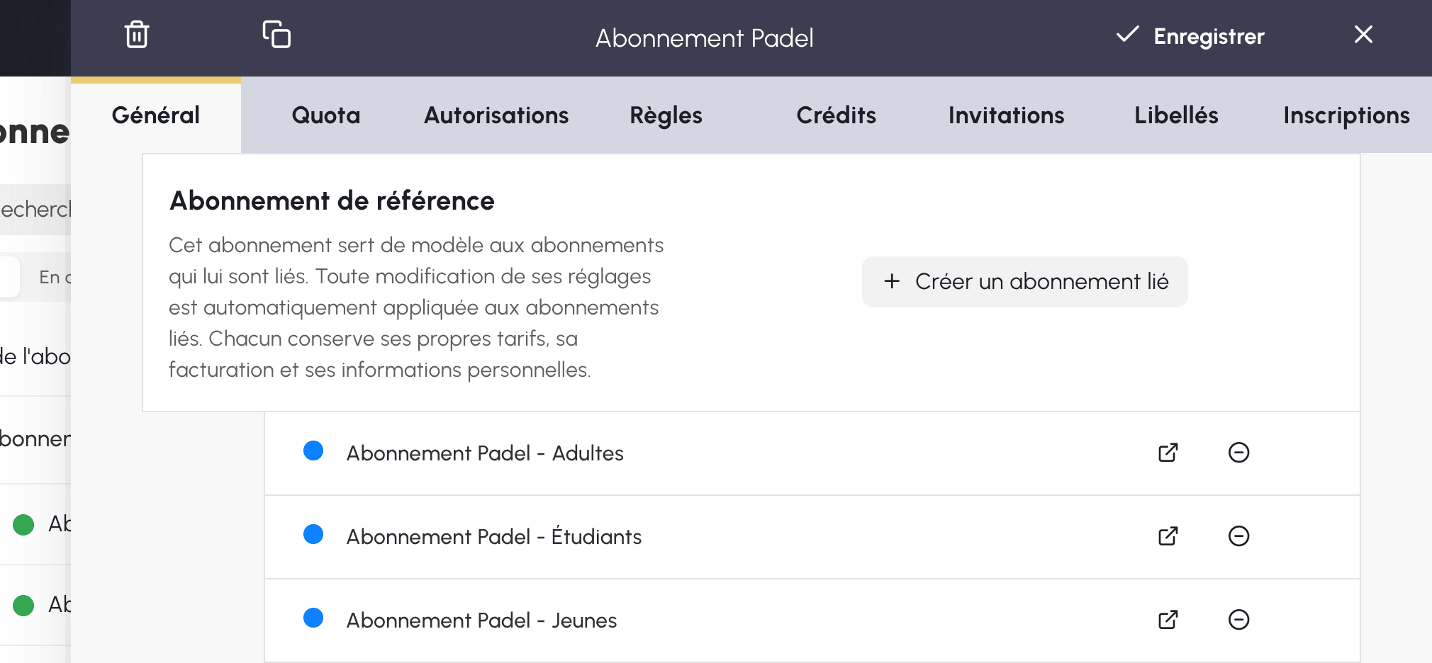 Configuration d'une référence et accès à ses abonnements liés
