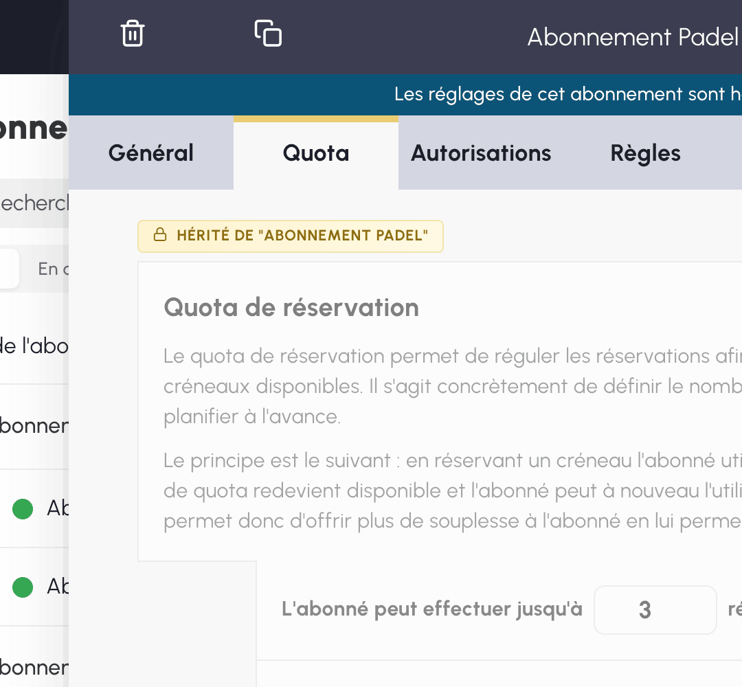 Bandeau de référence et quotas hérités, visibles mais non modifiables sur l'abonnement lié