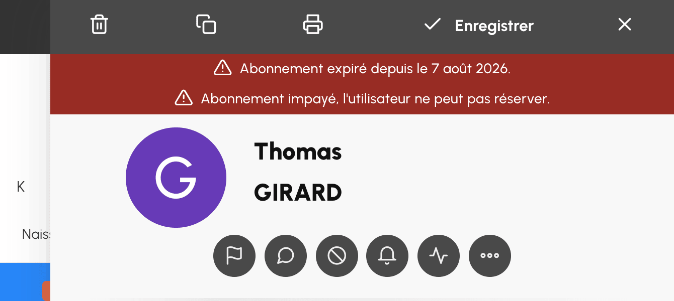 Bandeaux d'alerte en tête de fiche : abonnement expiré et abonnement impayé