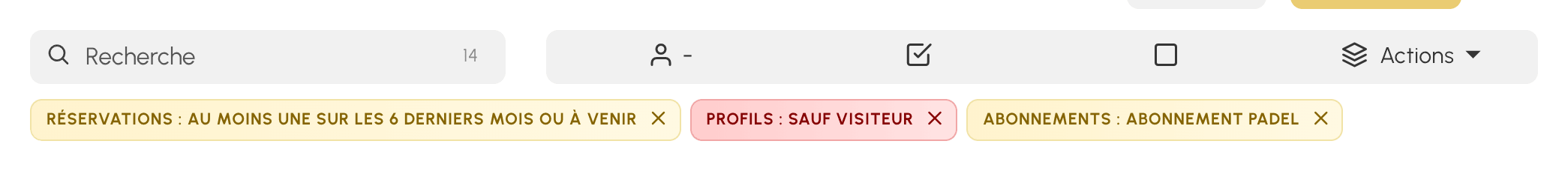 Filtres actifs au-dessus de la liste des utilisateurs