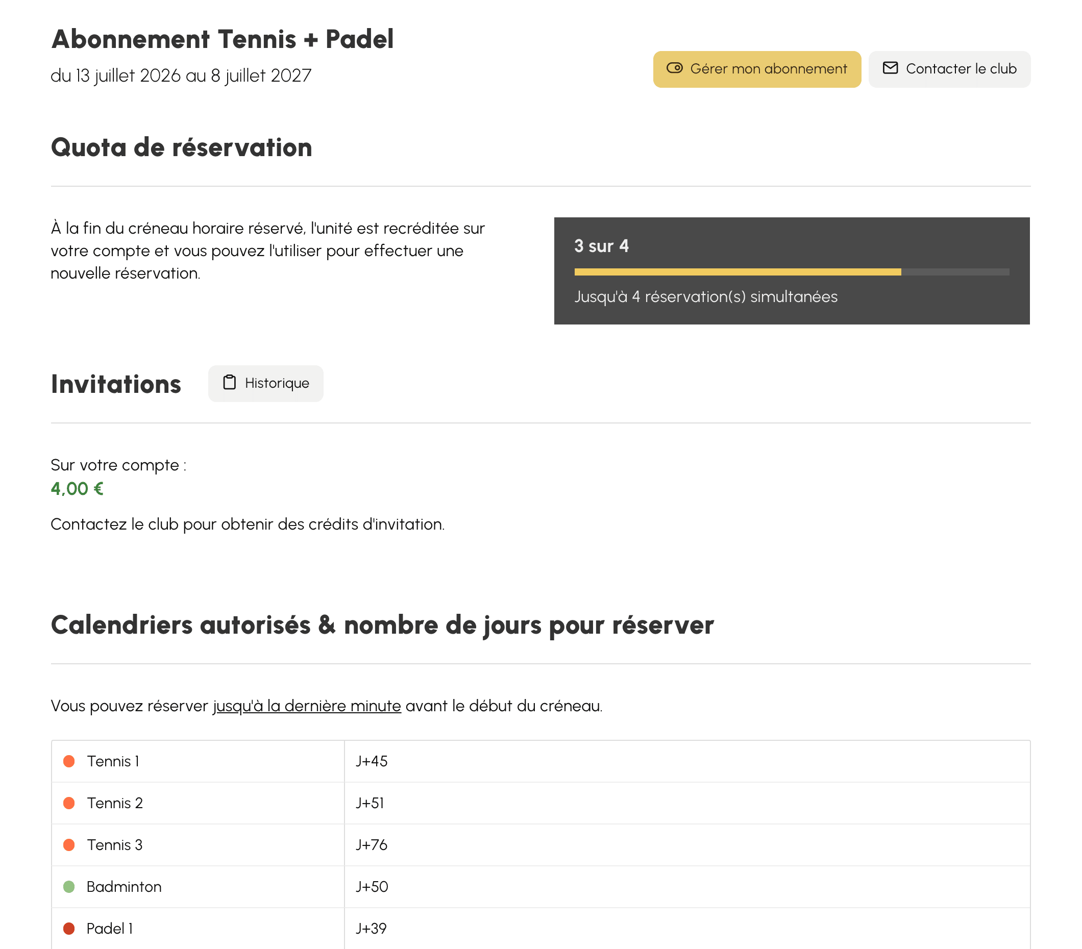 Page de votre abonnement : quota, crédits d'invitation et calendriers autorisés