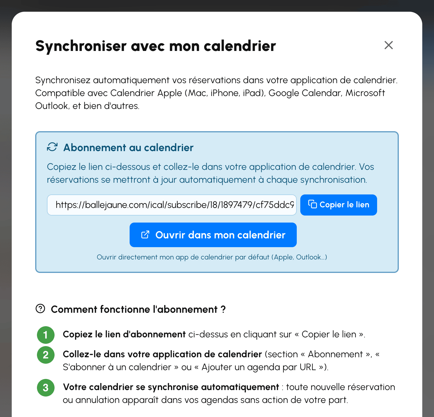 Fenêtre de synchronisation avec votre application de calendrier