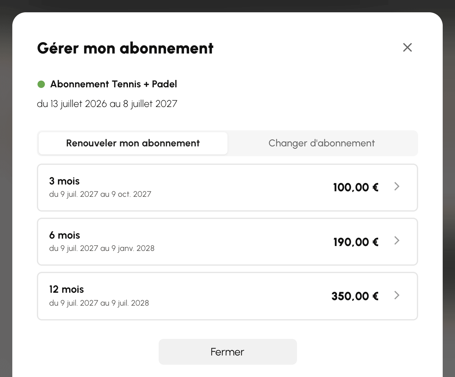 Durées proposées au renouvellement de l'abonnement