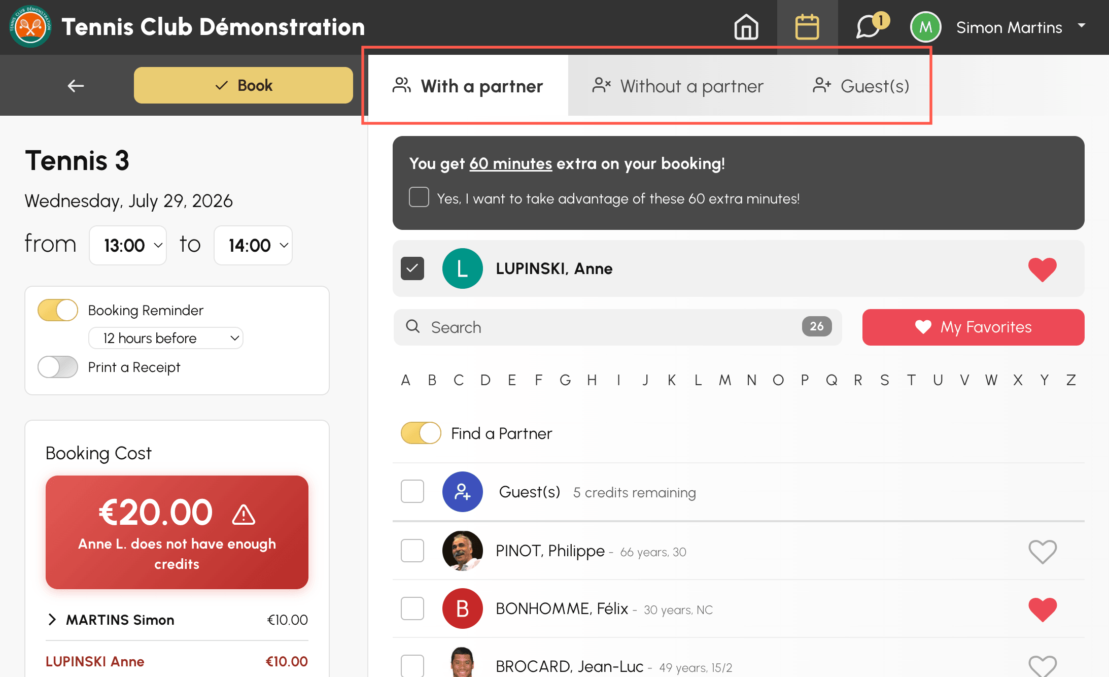 Booking form with partner selection
