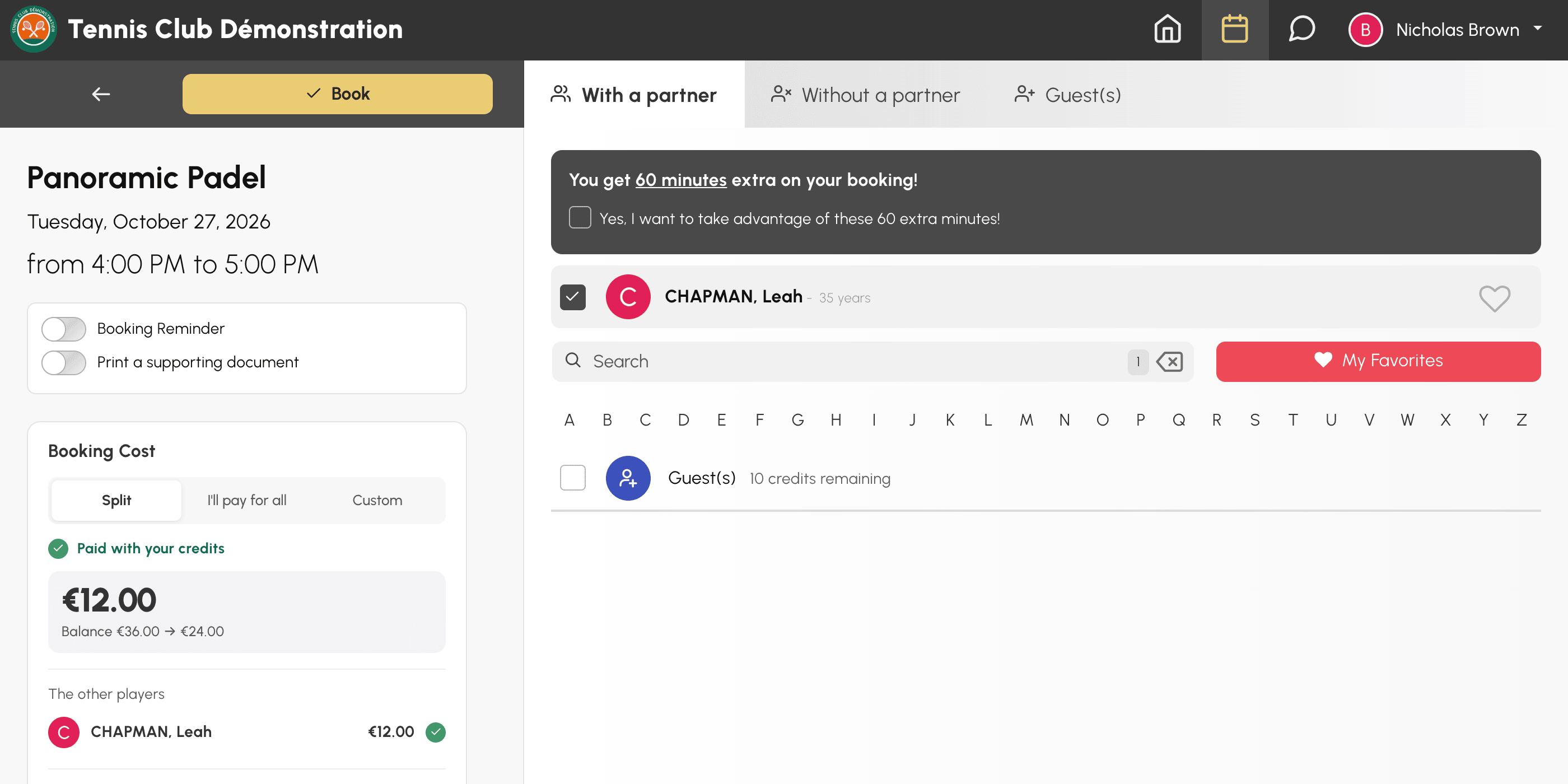 Booking form with partner selection