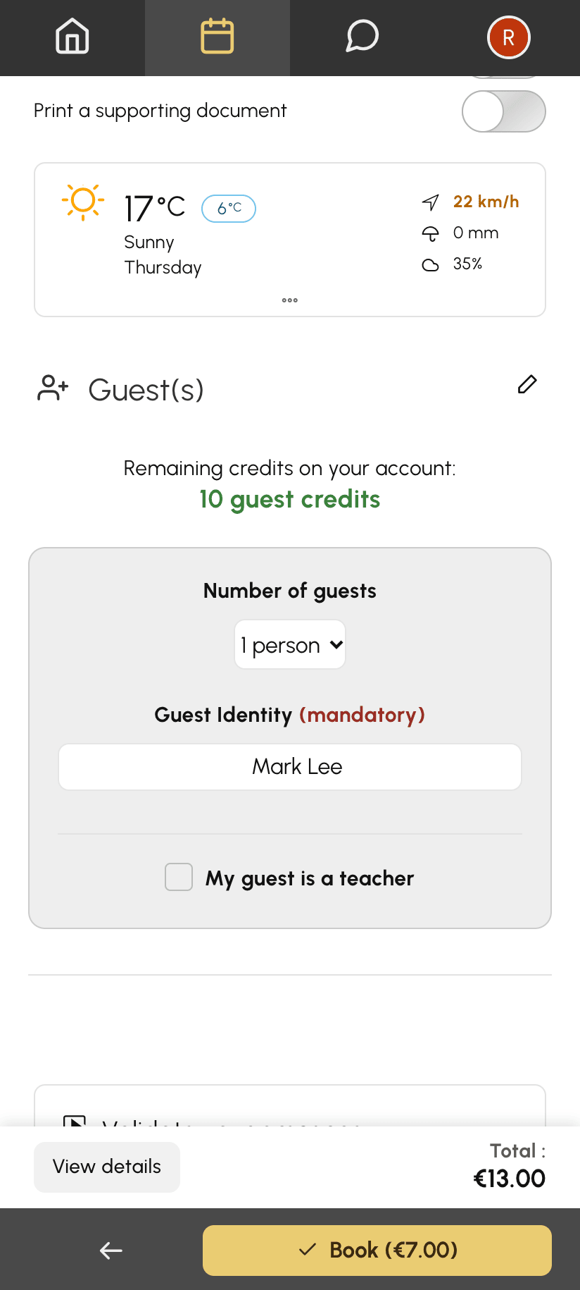 Booking form on a phone: Guest(s) option, remaining guest credits, number of people and guest details