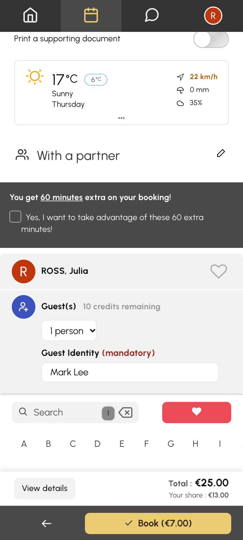 With a partner option on a phone: partner ticked and Guest(s) line at the top of the list, with the number of people and the guest's details